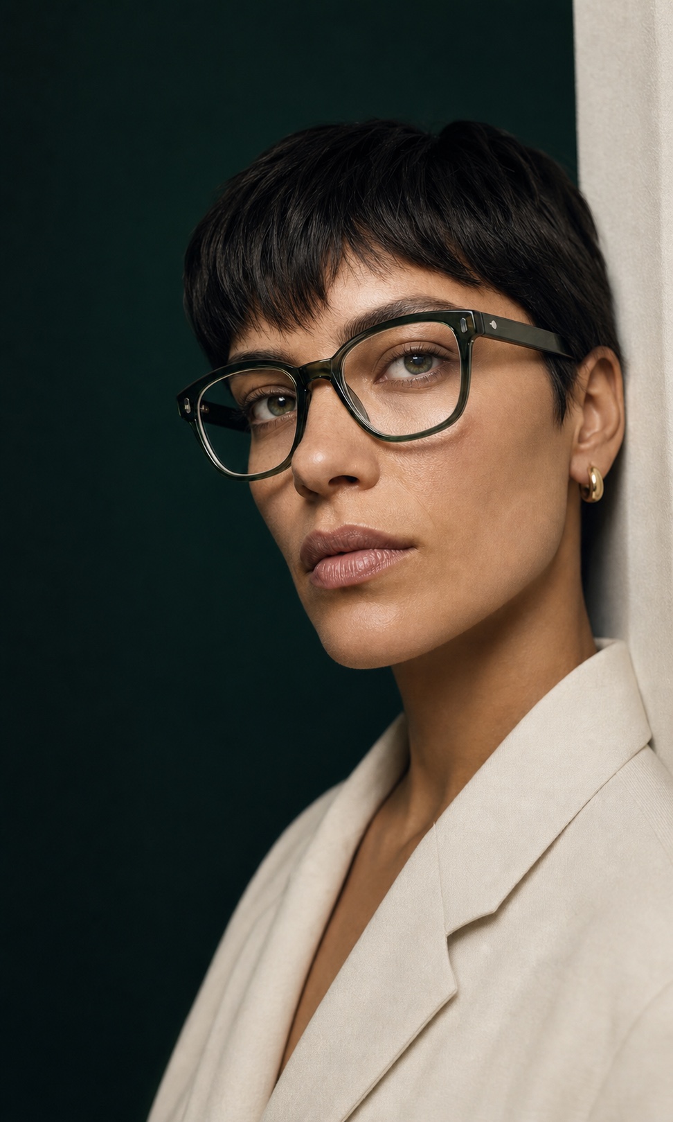 Shopper wearing dark green optical glasses