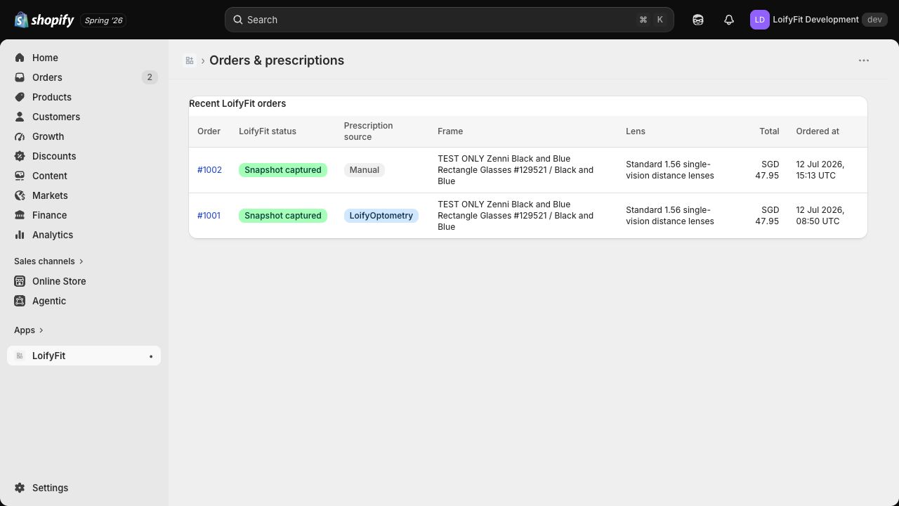 Shopify Admin embedded LoifyFit Orders and prescriptions view