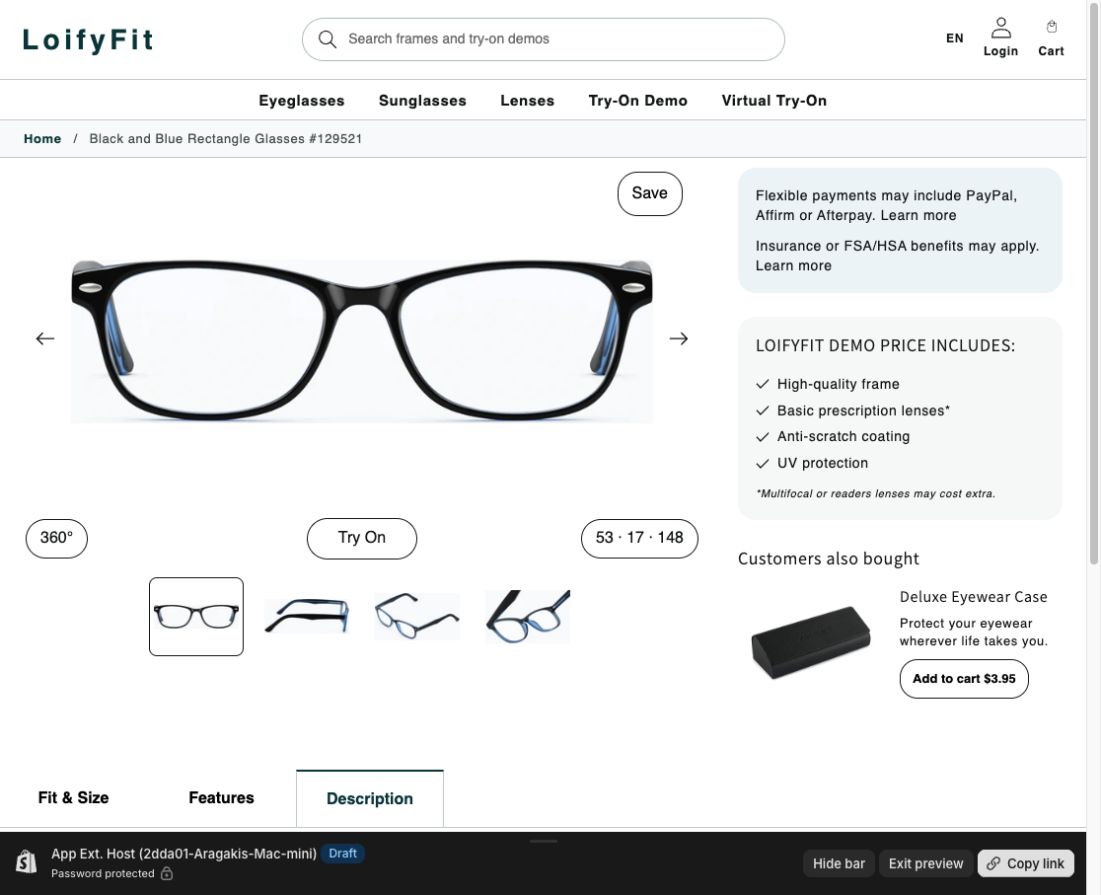 LoifyFit Shopify product page showing the exact eyeglass frame and Try On entry