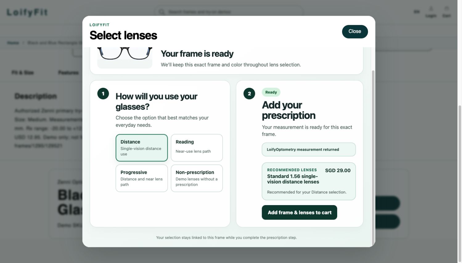 LoifyFit Select lenses interface showing returned measurement, recommended lenses, and add frame and lenses to cart